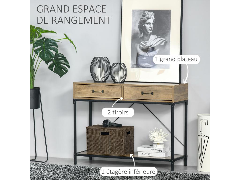 Table console d'appoint design industriel dim- 100L x 35l x 76H cm 2 tiroirs poignées laiton vieilli étagère métal noir aspect bois veinage