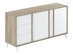 Buffet meuble de rangement en mélamine coloris chêne et blanc - L- 160 x P- 45 x H- 82 cm