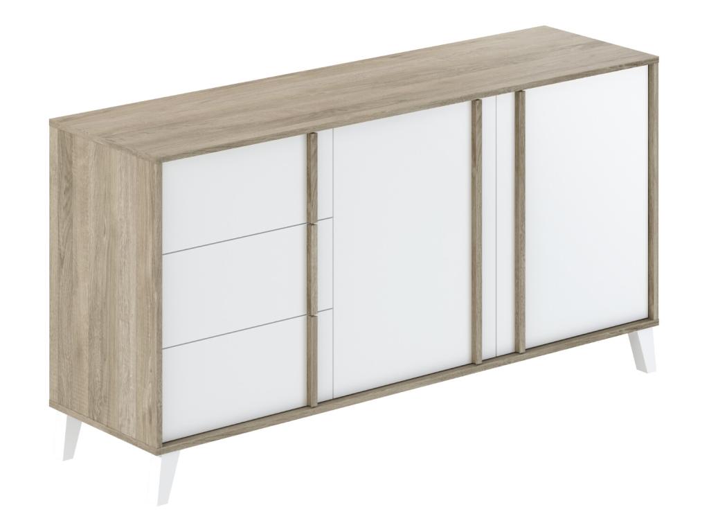 Buffet meuble de rangement en mélamine coloris chêne et blanc - L- 160 x P- 45 x H- 82 cm