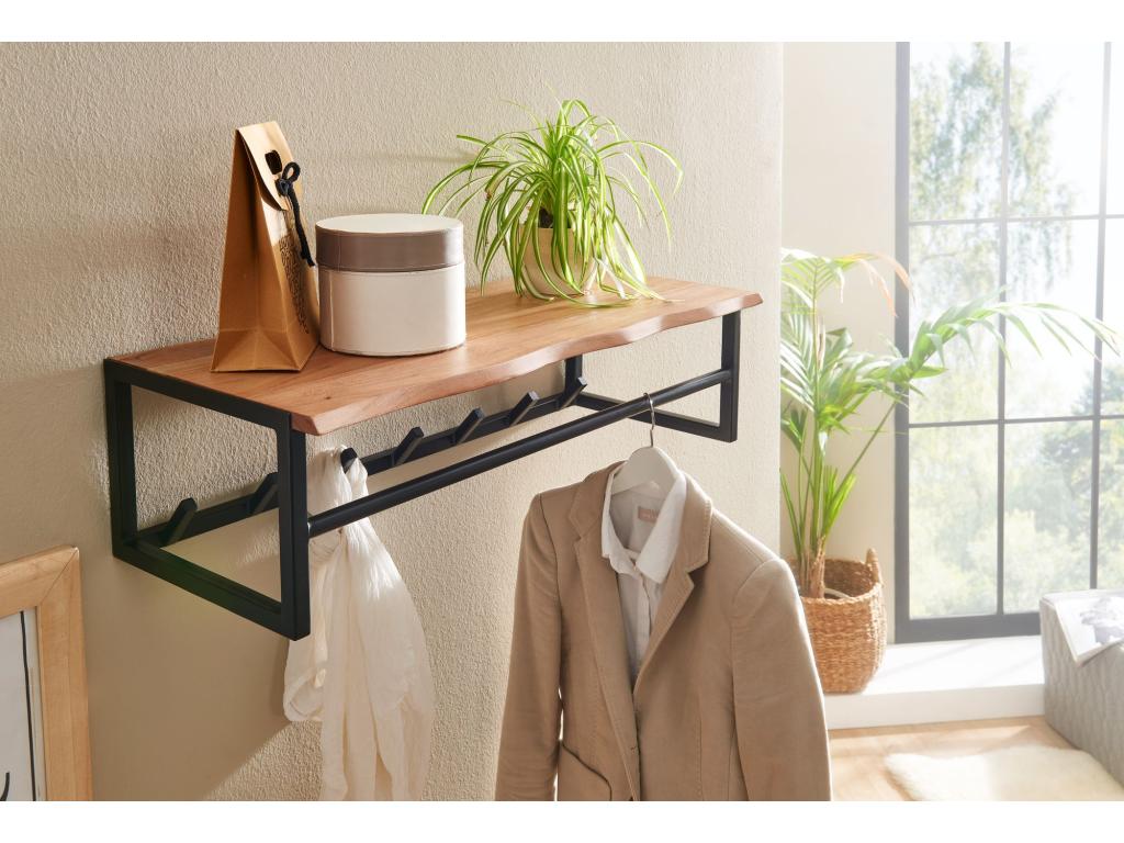Porte Manteau Mural 7 Crochets Bois Massif Métal 80 cm Patere Murale