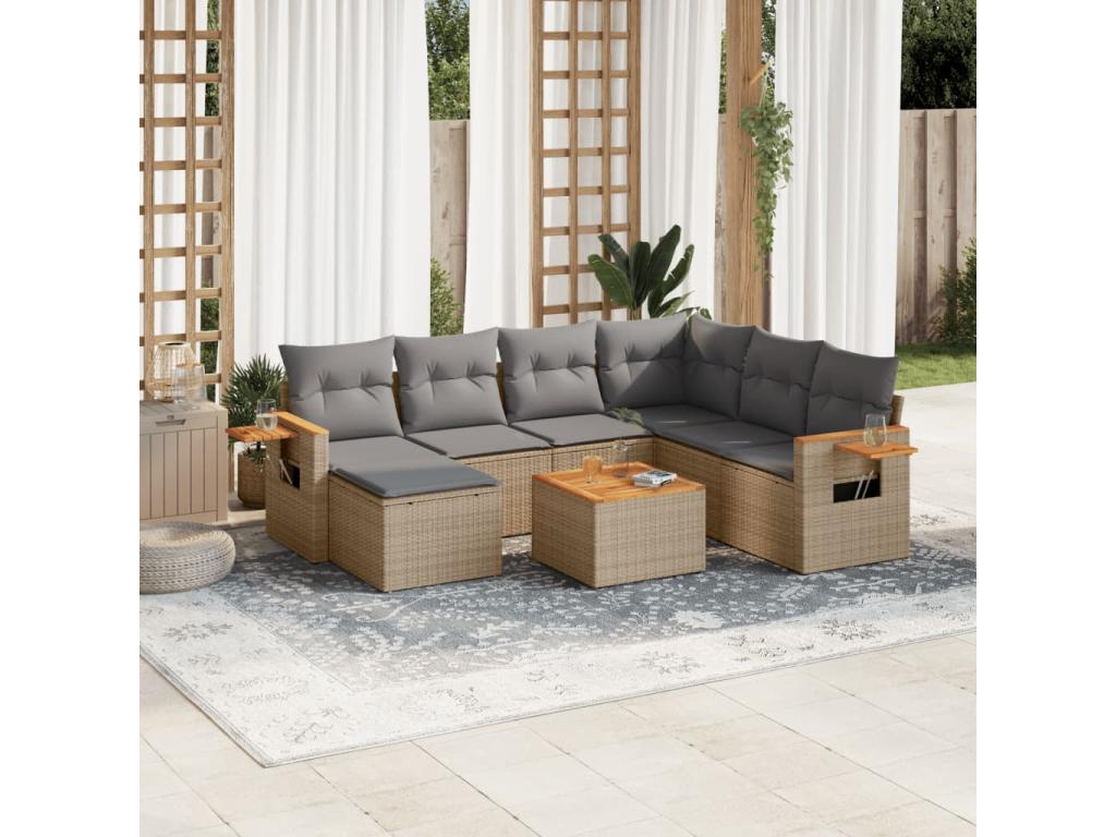 Salon de jardin avec coussins 8 pièces beige résine tressée